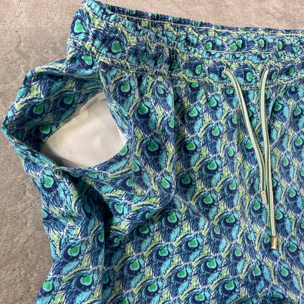 Peter Millar Swim Trunks Mens Medium Blue Green Peacock Feather Lined Summer